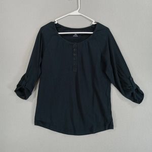 Orvis Shirt Womens S Black Long Sleeve Henley Cotton Roll Tab Sleeve